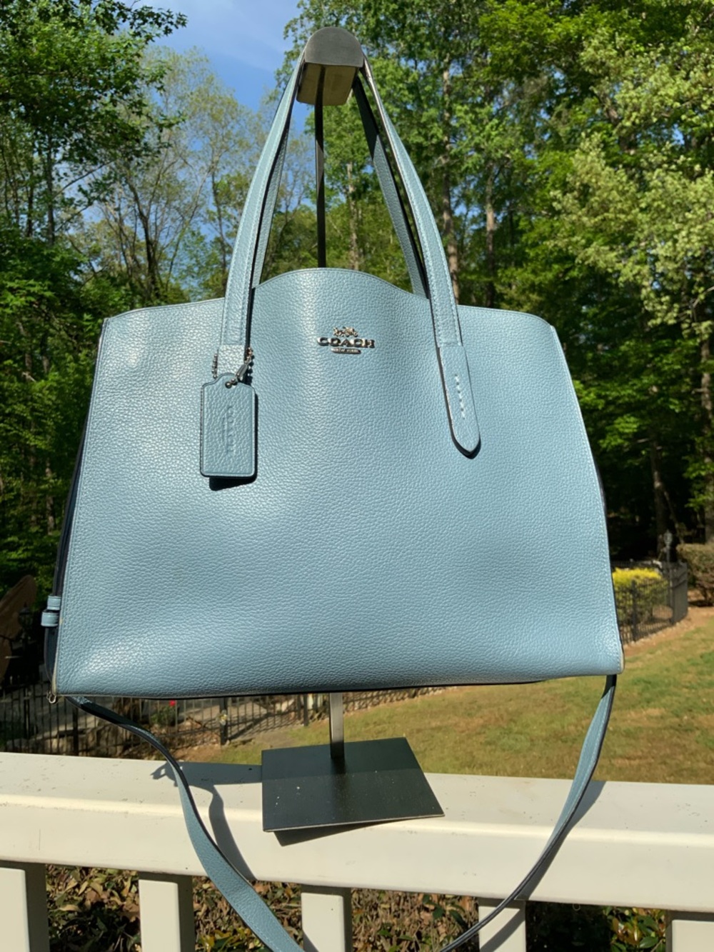 Coach Charlie Pale Blue Pebbled Leather Tote with Removable Strap - Picture 6 of 16